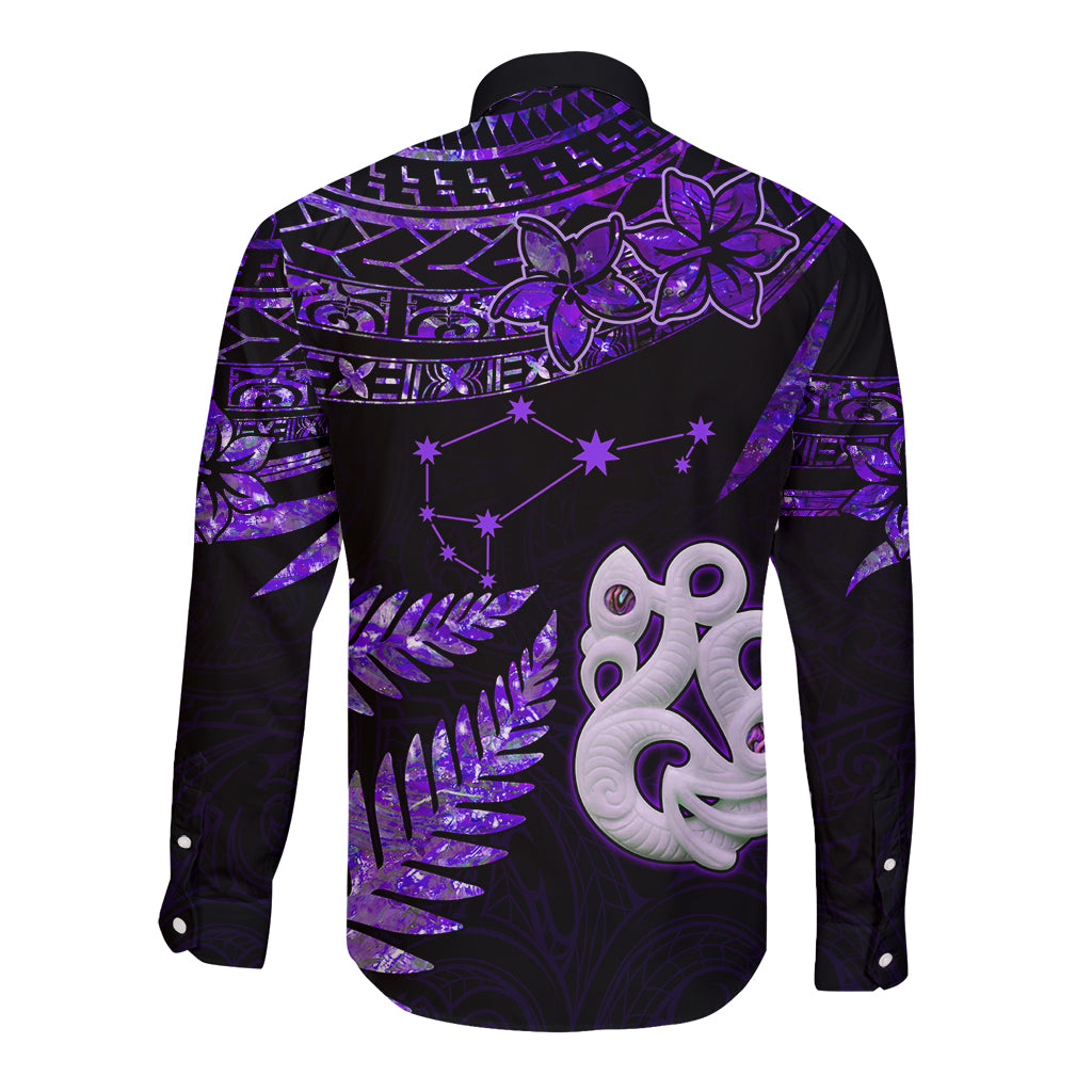 Custom New Zealand Long Sleeve Button Shirt Matariki NZ Manaia with Paua Shell - Purple - Wonder Print Shop