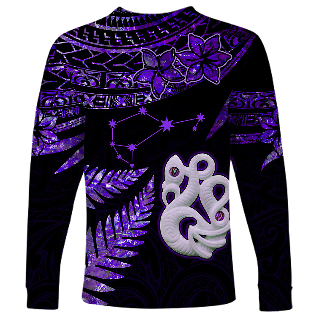 Custom New Zealand Long Sleeve Shirt Matariki NZ Manaia with Paua Shell - Purple - Wonder Print Shop