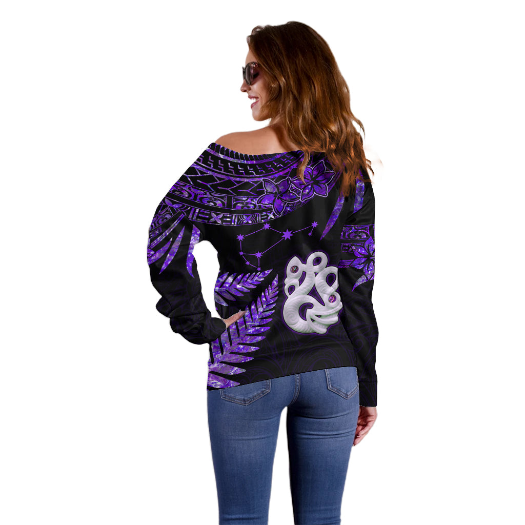 Custom New Zealand Off Shoulder Sweater Matariki NZ Manaia with Paua Shell - Purple - Wonder Print Shop