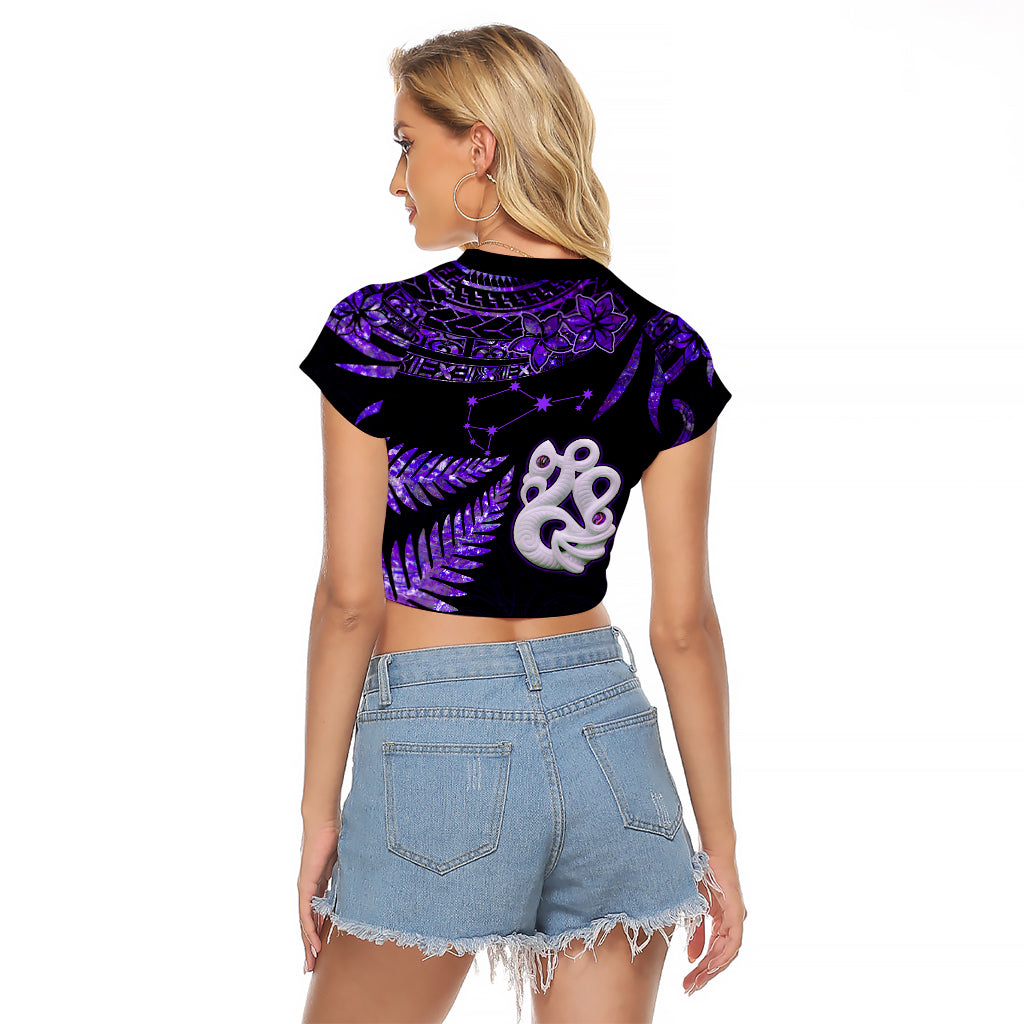 Custom New Zealand Raglan Cropped T Shirt Matariki NZ Manaia with Paua Shell - Purple - Wonder Print Shop