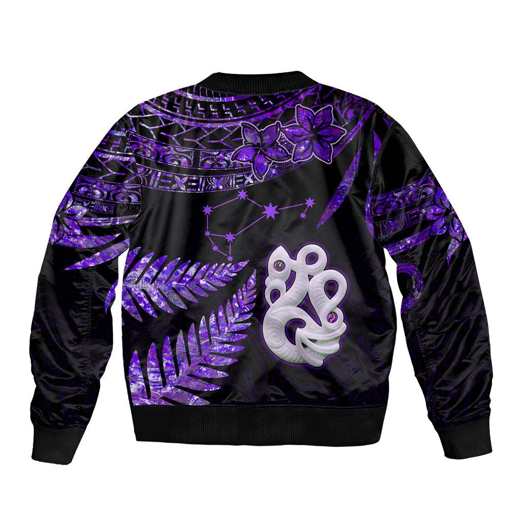 Custom New Zealand Sleeve Zip Bomber Jacket Matariki NZ Manaia with Paua Shell - Purple - Wonder Print Shop