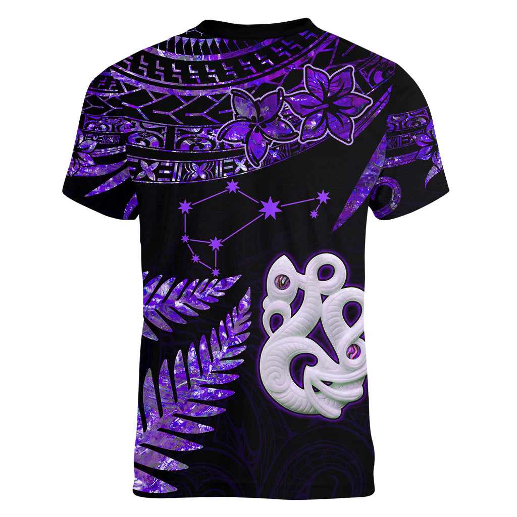Custom New Zealand Women V Neck T Shirt Matariki NZ Manaia with Paua Shell - Purple - Wonder Print Shop