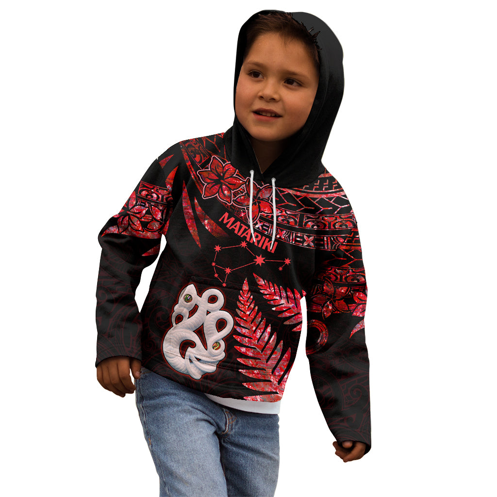 Matariki Kid Hoodie NZ New Year Manaia with Paua Shell - Red - Wonder Print Shop
