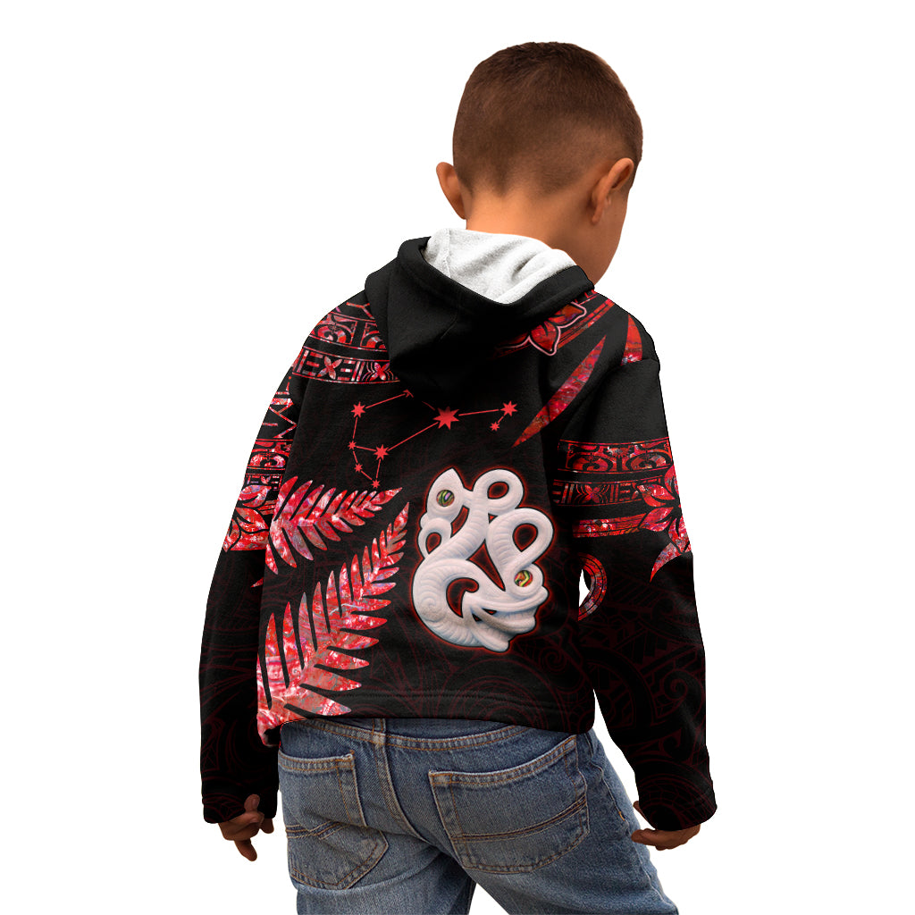 Matariki Kid Hoodie NZ New Year Manaia with Paua Shell - Red - Wonder Print Shop