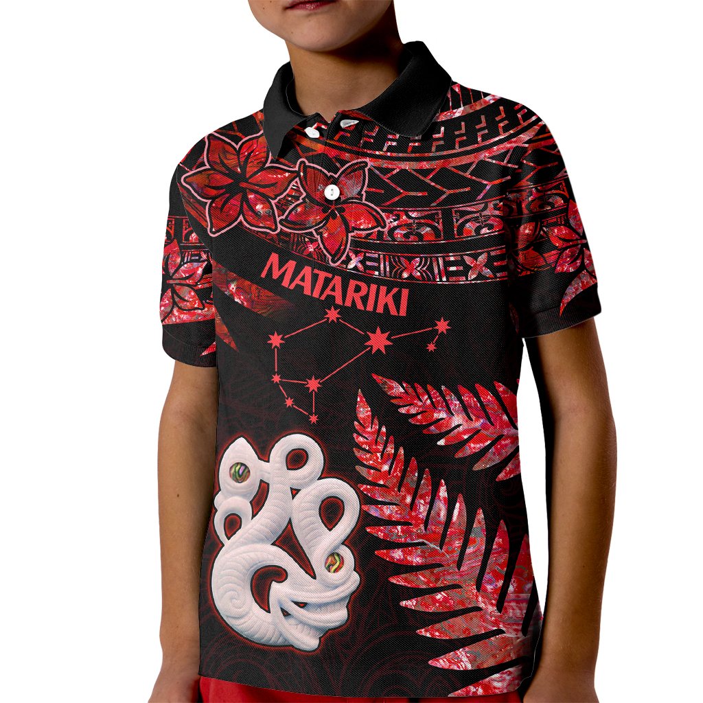 Matariki Kid Polo Shirt NZ New Year Manaia with Paua Shell - Red - Wonder Print Shop