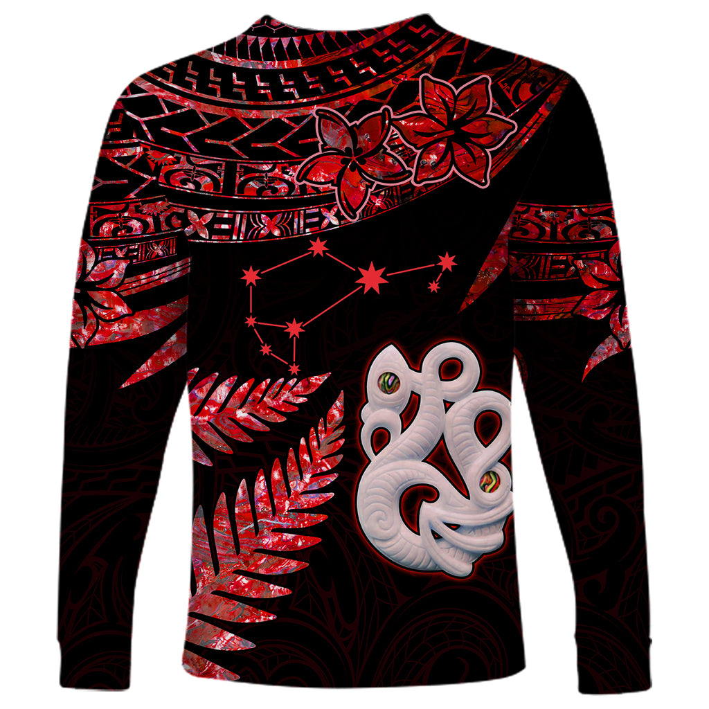 Matariki Long Sleeve Shirt NZ New Year Manaia with Paua Shell - Red - Wonder Print Shop