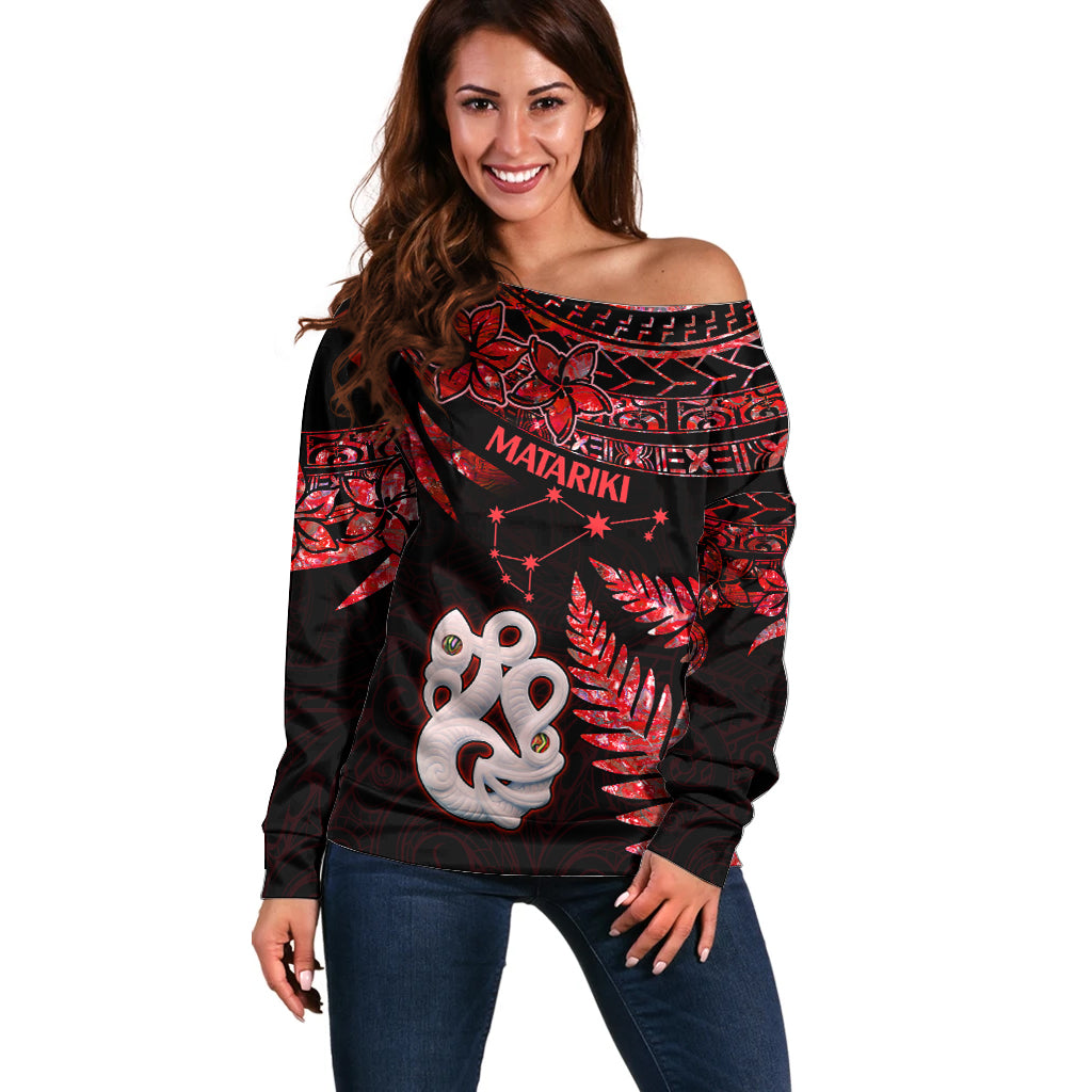 Matariki Off Shoulder Sweater NZ New Year Manaia with Paua Shell - Red - Wonder Print Shop