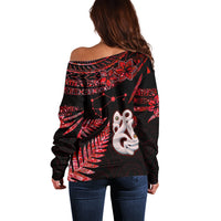 Matariki Off Shoulder Sweater NZ New Year Manaia with Paua Shell - Red - Wonder Print Shop