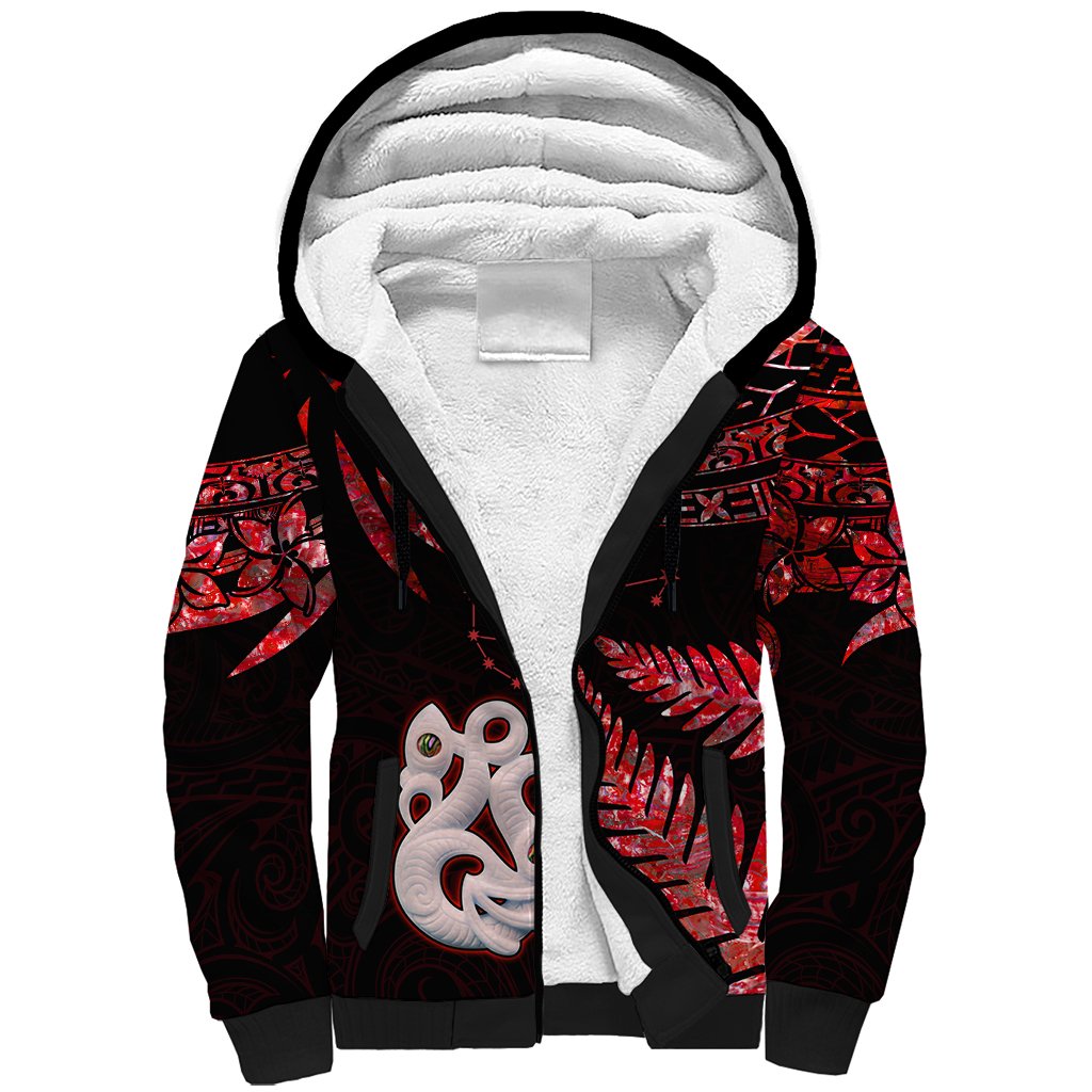 Matariki Sherpa Hoodie NZ New Year Manaia with Paua Shell - Red - Wonder Print Shop