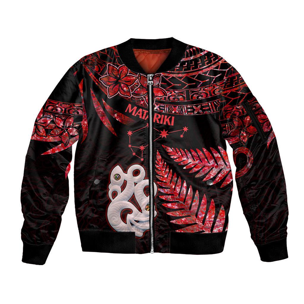 Matariki Sleeve Zip Bomber Jacket NZ New Year Manaia with Paua Shell - Red - Wonder Print Shop