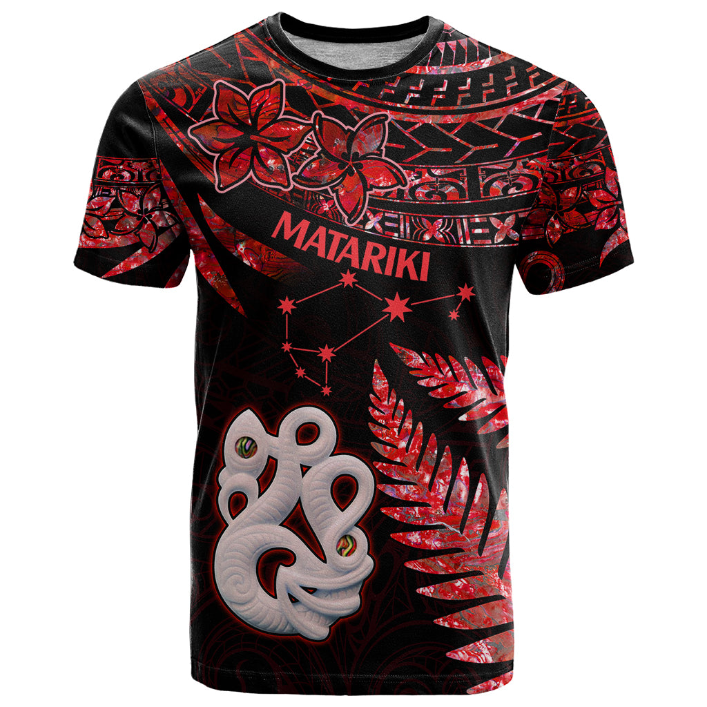 Matariki T Shirt NZ New Year Manaia with Paua Shell - Red - Wonder Print Shop