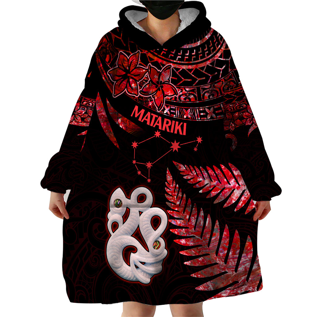 Matariki Wearable Blanket Hoodie NZ New Year Manaia with Paua Shell - Red - Wonder Print Shop