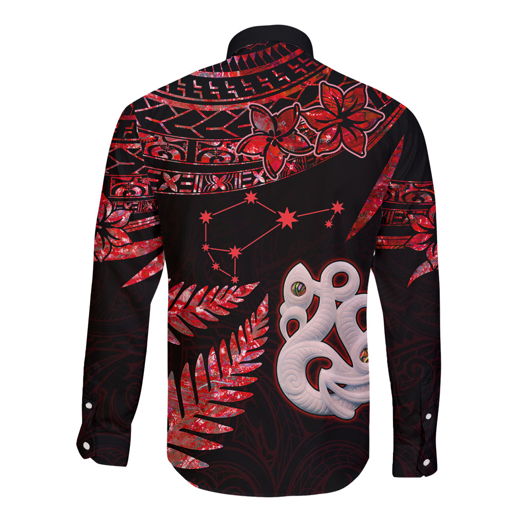 Custom Matariki Long Sleeve Button Shirt NZ New Year Manaia with Paua Shell - Red - Wonder Print Shop