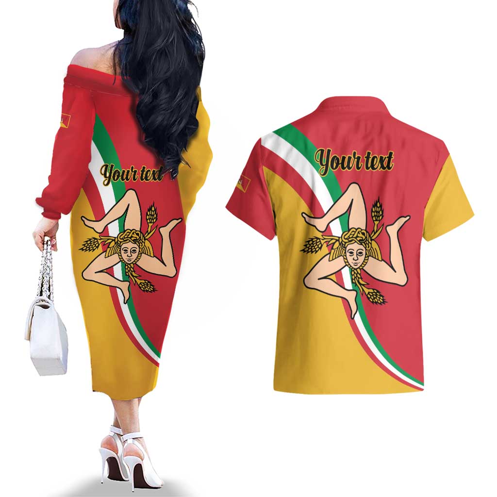 Personalized Italy Bandiera Della Sicilia Couples Matching Off The Shoulder Long Sleeve Dress and Hawaiian Shirt LT9 - Wonder Print Shop