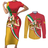 Personalized Italy Bandiera Della Sicilia Couples Matching Short Sleeve Bodycon Dress and Long Sleeve Button Shirt LT9 - Wonder Print Shop