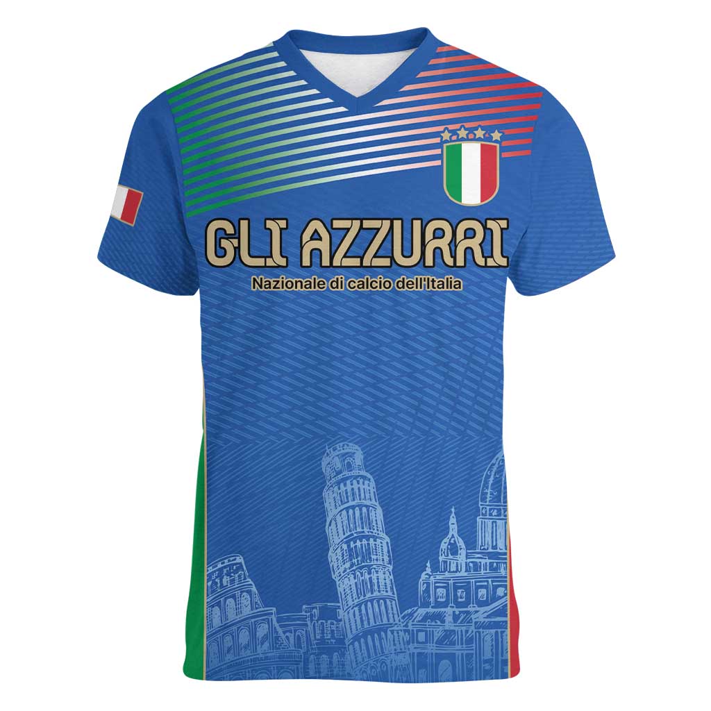 Custom Italy Football Women V-Neck T-Shirt Special Pisa Tower - Wonder Print Shop