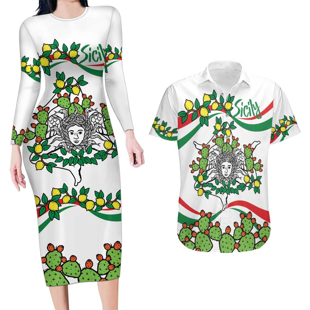 Sicilian Triskelion Couples Matching Long Sleeve Bodycon Dress and Hawaiian Shirt with Cactus and Lemons LT9 - Wonder Print Shop