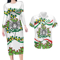 Sicilian Triskelion Couples Matching Long Sleeve Bodycon Dress and Hawaiian Shirt with Cactus and Lemons LT9 - Wonder Print Shop