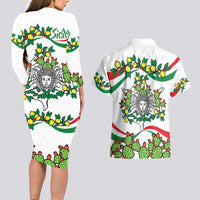 Sicilian Triskelion Couples Matching Long Sleeve Bodycon Dress and Hawaiian Shirt with Cactus and Lemons LT9 - Wonder Print Shop