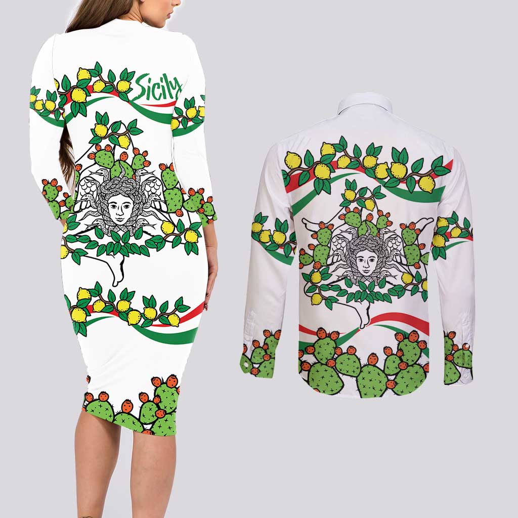 Sicilian Triskelion Couples Matching Long Sleeve Bodycon Dress and Long Sleeve Button Shirt with Cactus and Lemons LT9 - Wonder Print Shop