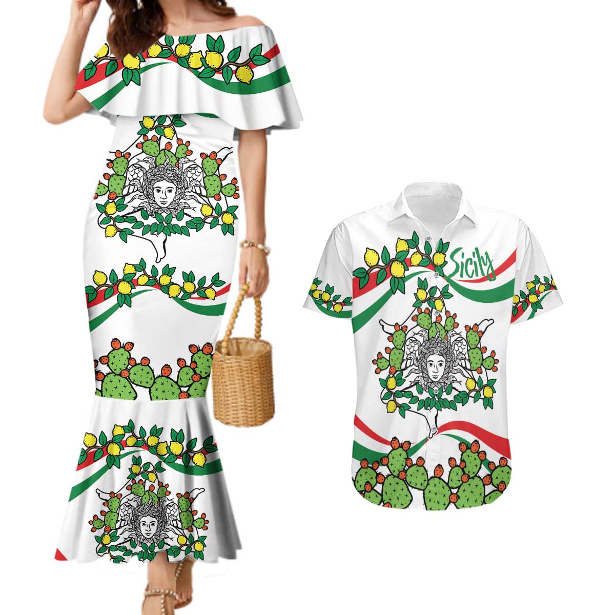 Sicilian Triskelion Couples Matching Mermaid Dress and Hawaiian Shirt with Cactus and Lemons LT9 - Wonder Print Shop