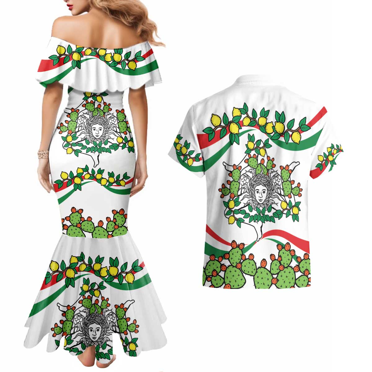 Sicilian Triskelion Couples Matching Mermaid Dress and Hawaiian Shirt with Cactus and Lemons LT9 - Wonder Print Shop