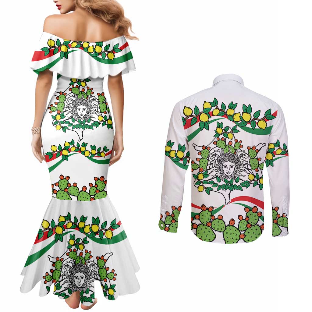 Sicilian Triskelion Couples Matching Mermaid Dress and Long Sleeve Button Shirt with Cactus and Lemons