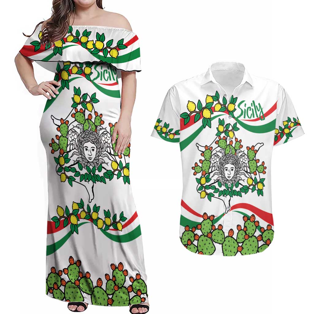 Sicilian Triskelion Couples Matching Off Shoulder Maxi Dress and Hawaiian Shirt with Cactus and Lemons LT9 - Wonder Print Shop