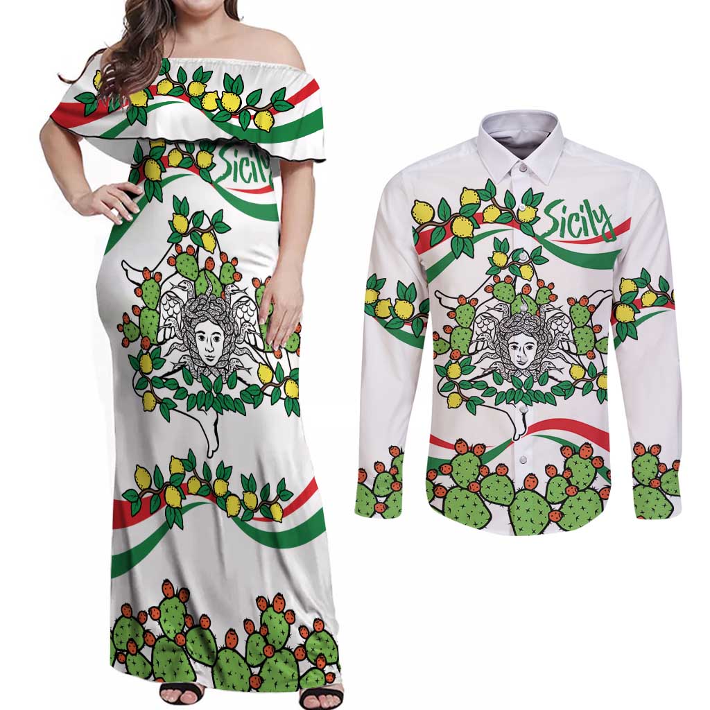 Sicilian Triskelion Couples Matching Off Shoulder Maxi Dress and Long Sleeve Button Shirt with Cactus and Lemons LT9 - Wonder Print Shop