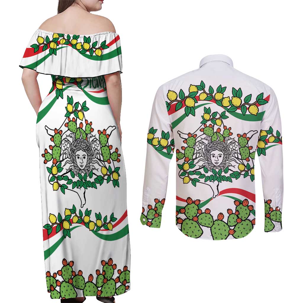 Sicilian Triskelion Couples Matching Off Shoulder Maxi Dress and Long Sleeve Button Shirt with Cactus and Lemons LT9 - Wonder Print Shop