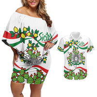 Sicilian Triskelion Couples Matching Off Shoulder Short Dress and Hawaiian Shirt with Cactus and Lemons LT9 - Wonder Print Shop