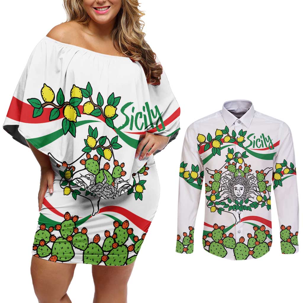 Sicilian Triskelion Couples Matching Off Shoulder Short Dress and Long Sleeve Button Shirt with Cactus and Lemons LT9 - Wonder Print Shop