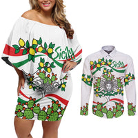 Sicilian Triskelion Couples Matching Off Shoulder Short Dress and Long Sleeve Button Shirt with Cactus and Lemons LT9 - Wonder Print Shop