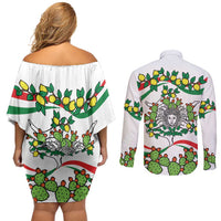 Sicilian Triskelion Couples Matching Off Shoulder Short Dress and Long Sleeve Button Shirt with Cactus and Lemons LT9 - Wonder Print Shop