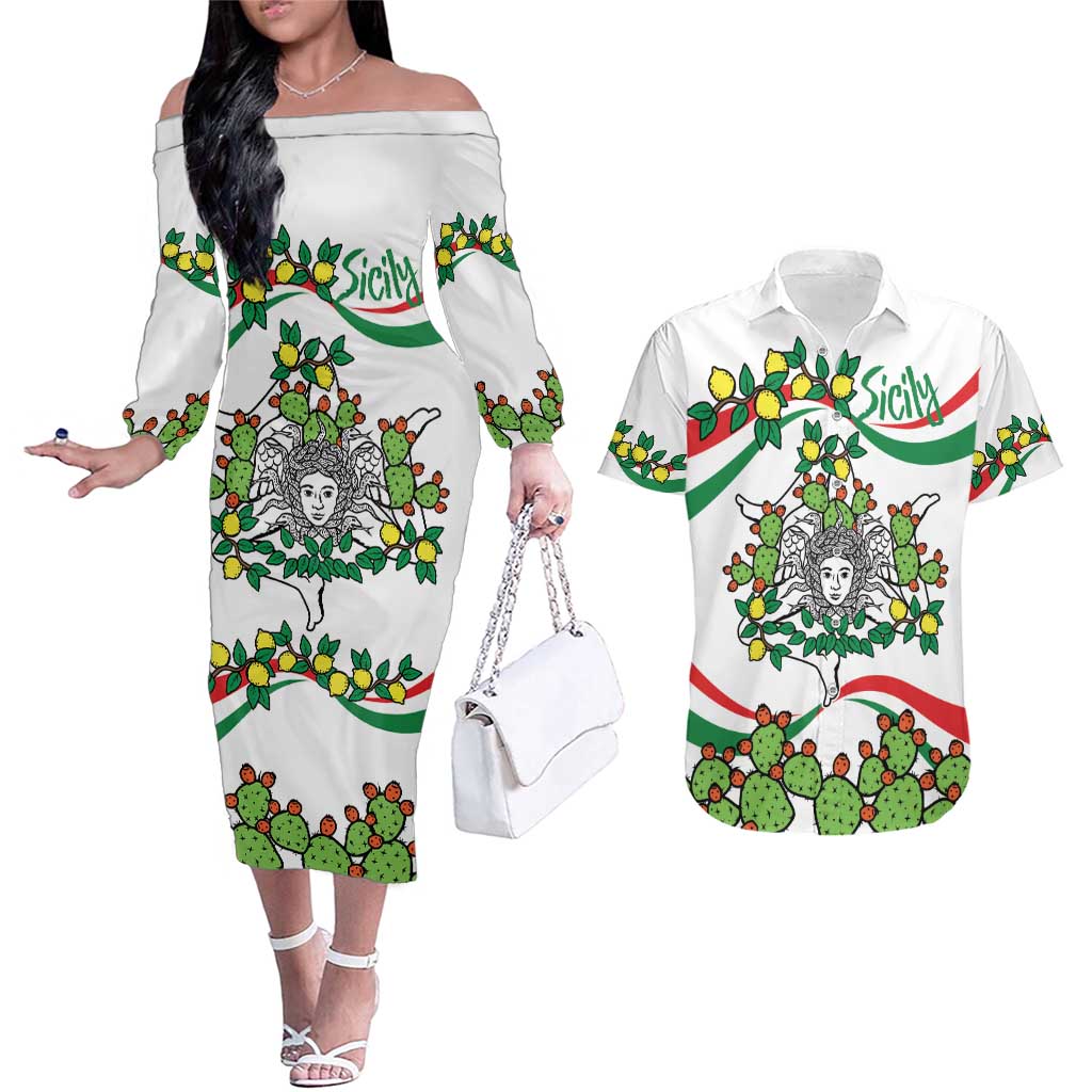 Sicilian Triskelion Couples Matching Off The Shoulder Long Sleeve Dress and Hawaiian Shirt with Cactus and Lemons LT9 - Wonder Print Shop
