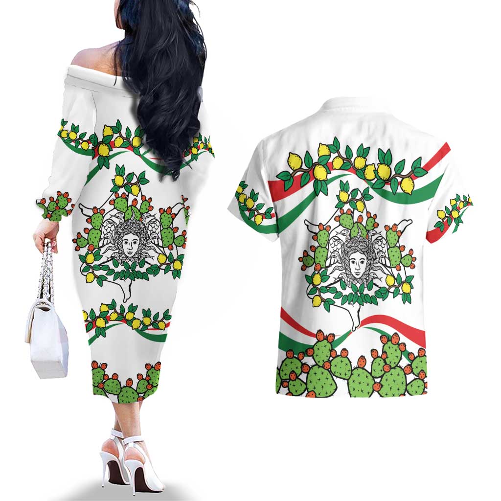 Sicilian Triskelion Couples Matching Off The Shoulder Long Sleeve Dress and Hawaiian Shirt with Cactus and Lemons LT9 - Wonder Print Shop