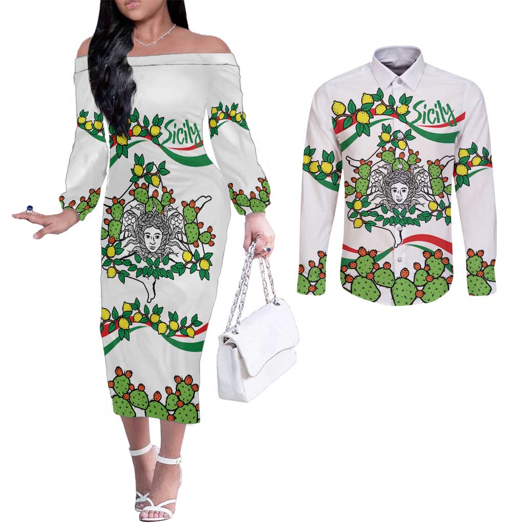 Sicilian Triskelion Couples Matching Off The Shoulder Long Sleeve Dress and Long Sleeve Button Shirt with Cactus and Lemons