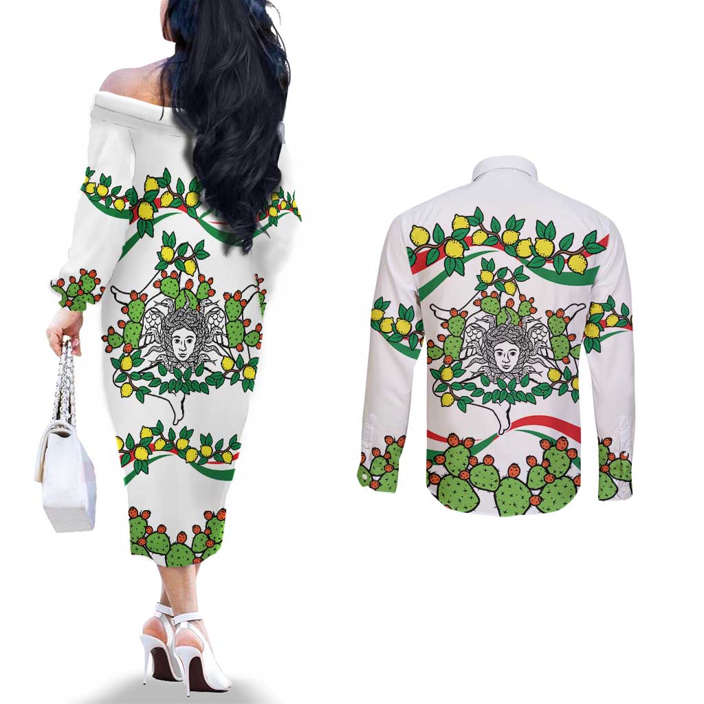 Sicilian Triskelion Couples Matching Off The Shoulder Long Sleeve Dress and Long Sleeve Button Shirt with Cactus and Lemons