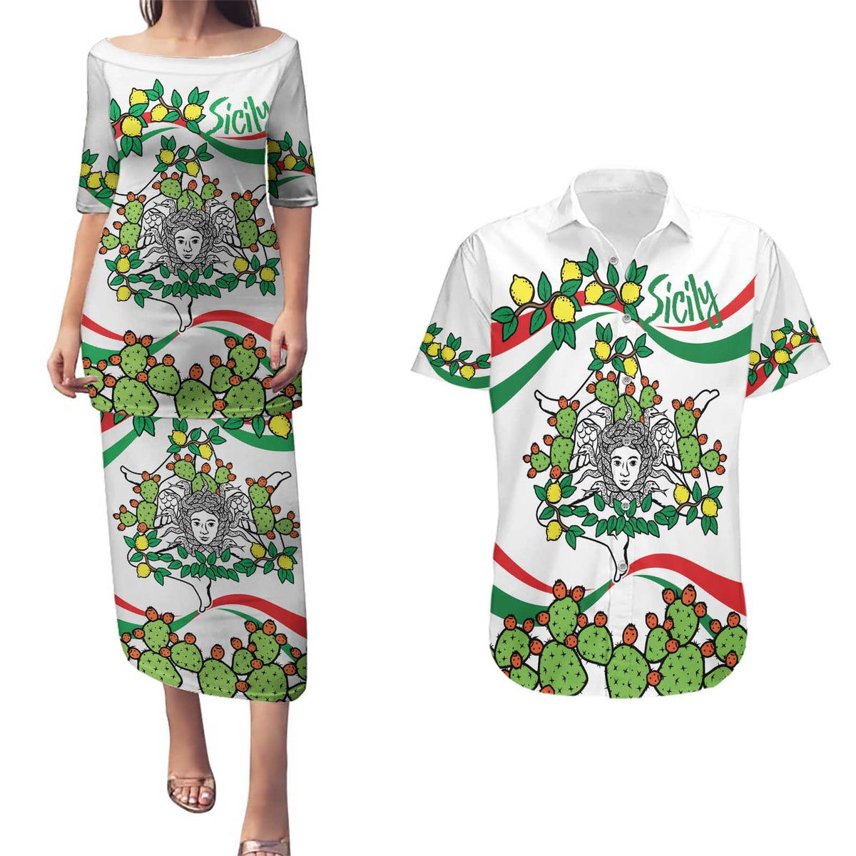 Sicilian Triskelion Couples Matching Puletasi and Hawaiian Shirt with Cactus and Lemons LT9 - Wonder Print Shop