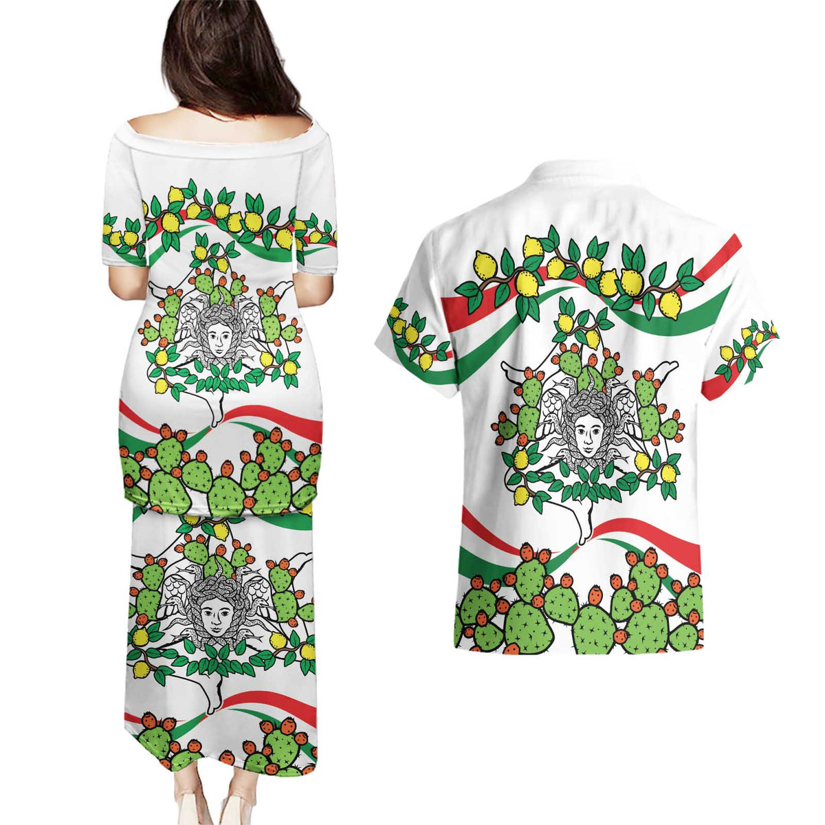 Sicilian Triskelion Couples Matching Puletasi and Hawaiian Shirt with Cactus and Lemons LT9 - Wonder Print Shop