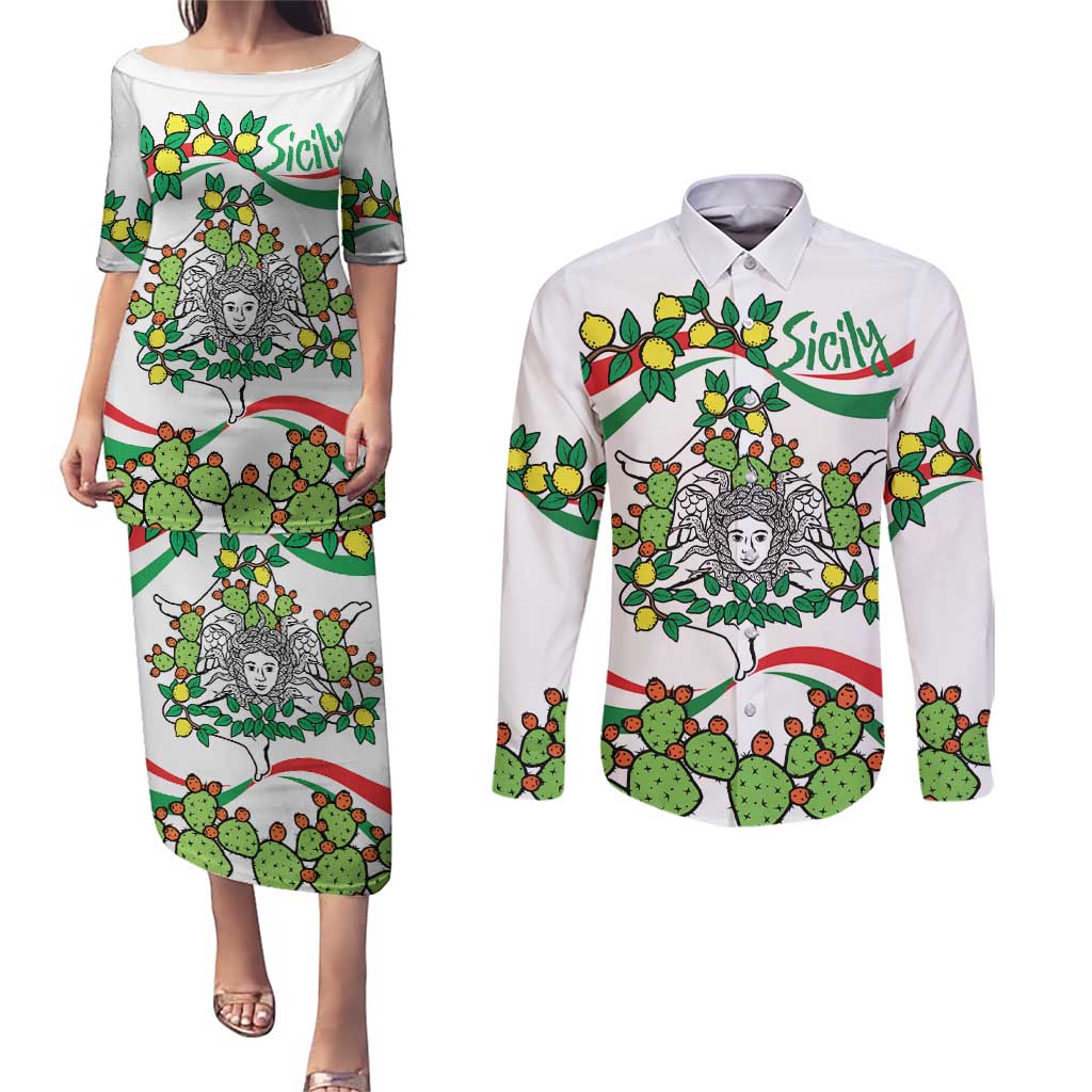 Sicilian Triskelion Couples Matching Puletasi and Long Sleeve Button Shirt with Cactus and Lemons LT9 - Wonder Print Shop