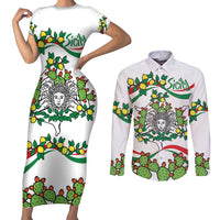 Sicilian Triskelion Couples Matching Short Sleeve Bodycon Dress and Long Sleeve Button Shirt with Cactus and Lemons LT9 - Wonder Print Shop