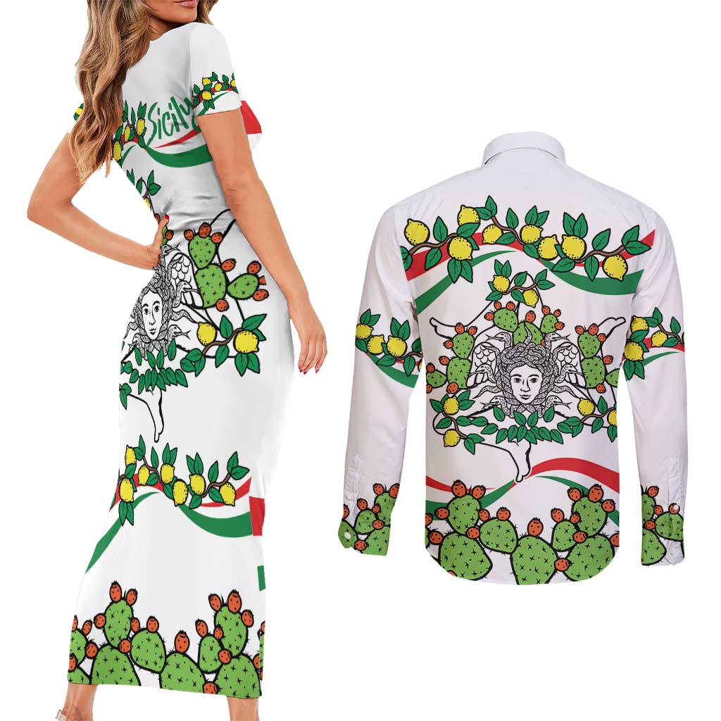 Sicilian Triskelion Couples Matching Short Sleeve Bodycon Dress and Long Sleeve Button Shirt with Cactus and Lemons LT9 - Wonder Print Shop