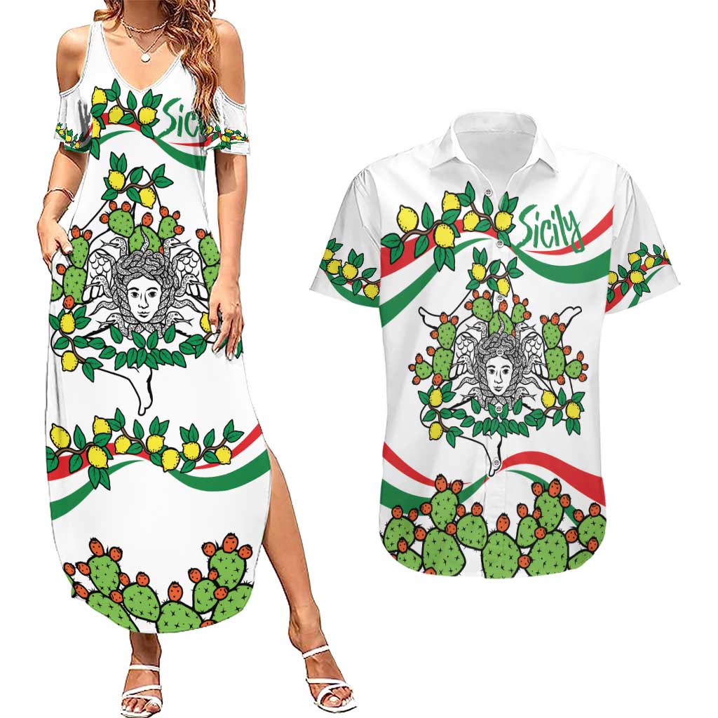 Sicilian Triskelion Couples Matching Summer Maxi Dress and Hawaiian Shirt with Cactus and Lemons LT9 - Wonder Print Shop