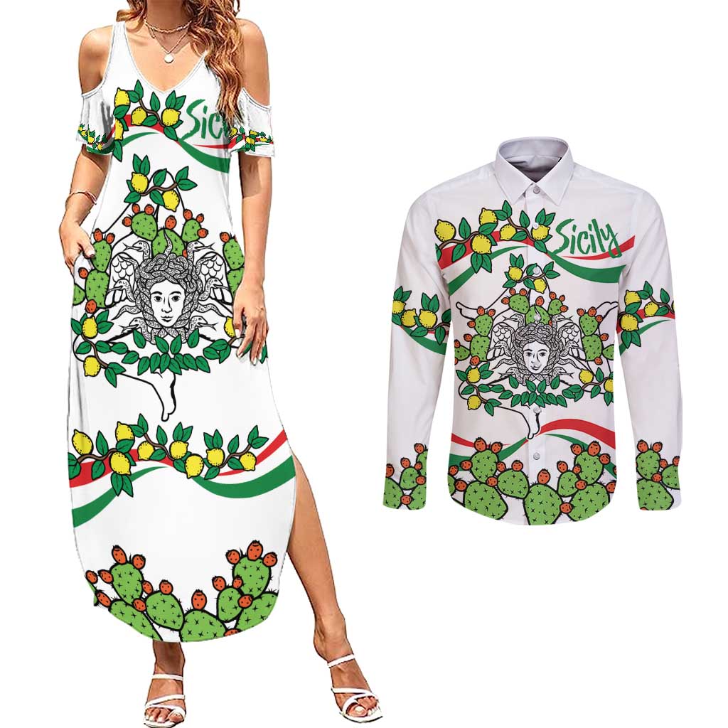 Sicilian Triskelion Couples Matching Summer Maxi Dress and Long Sleeve Button Shirt with Cactus and Lemons LT9 - Wonder Print Shop