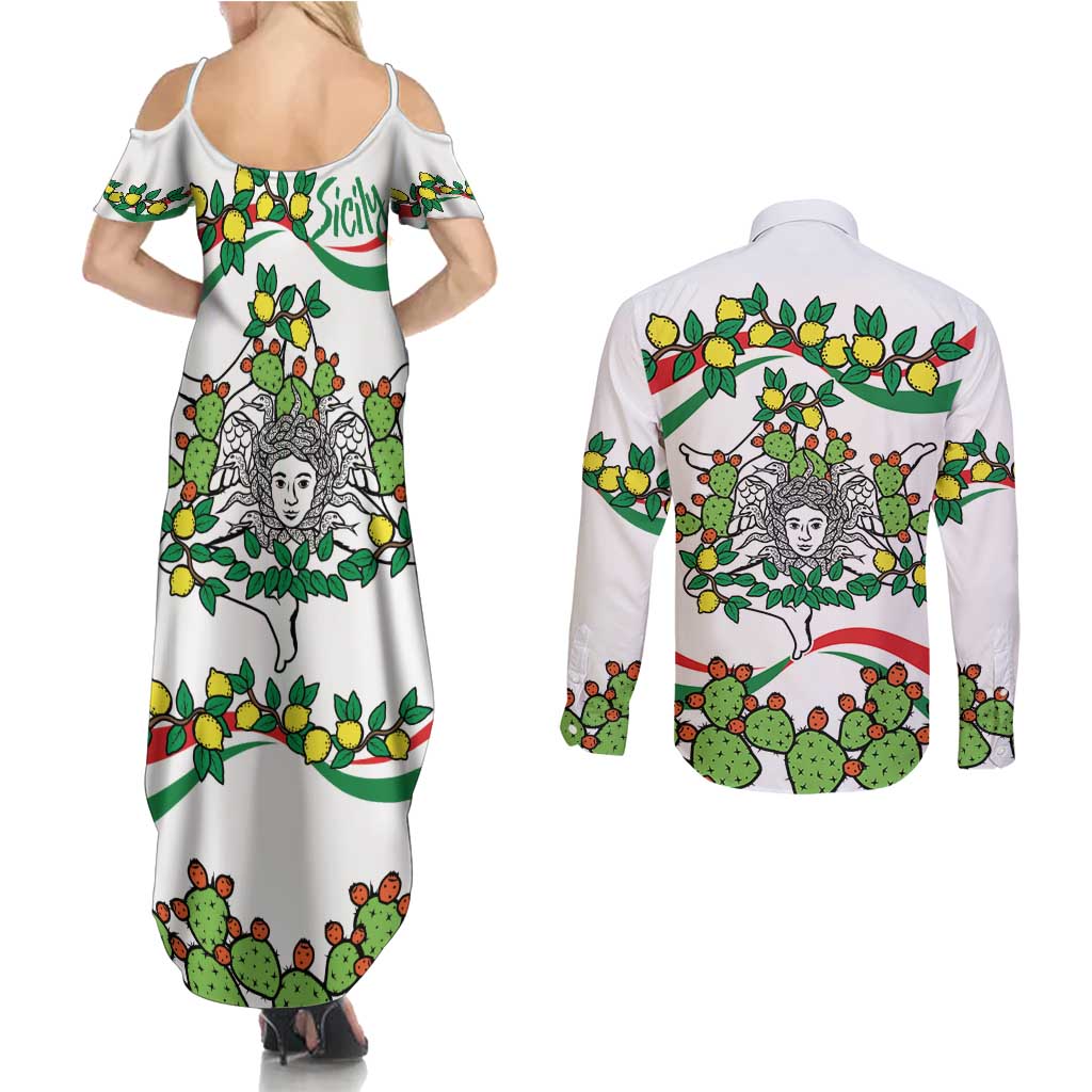 Sicilian Triskelion Couples Matching Summer Maxi Dress and Long Sleeve Button Shirt with Cactus and Lemons LT9 - Wonder Print Shop