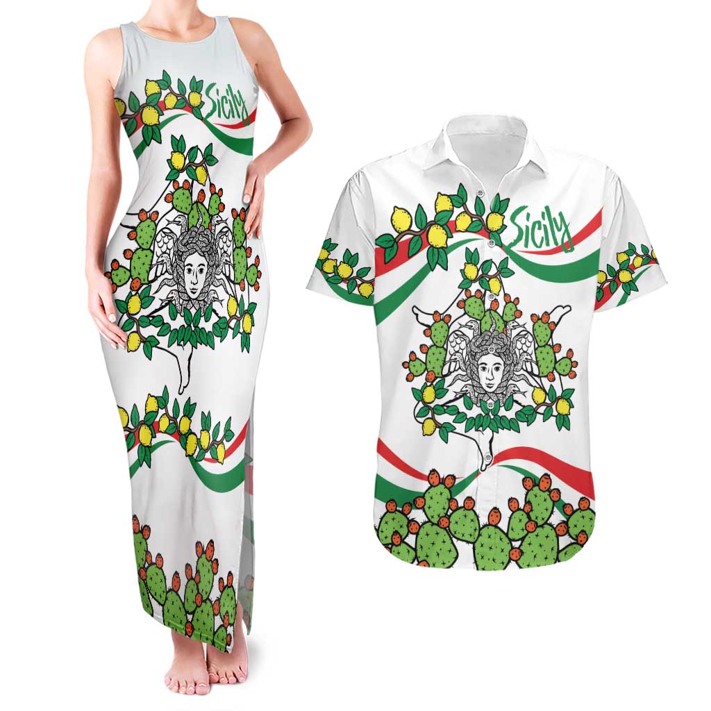 Sicilian Triskelion Couples Matching Tank Maxi Dress and Hawaiian Shirt with Cactus and Lemons LT9 - Wonder Print Shop