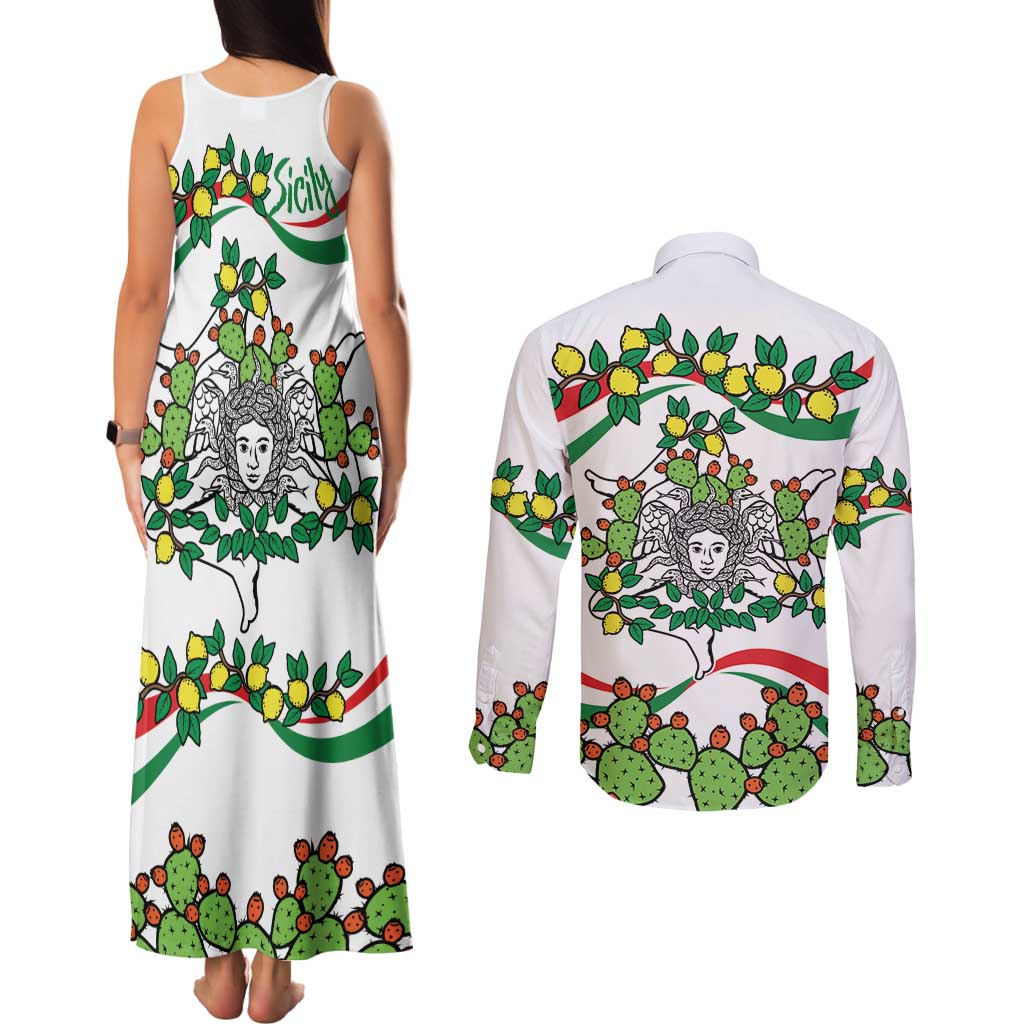 Sicilian Triskelion Couples Matching Tank Maxi Dress and Long Sleeve Button Shirt with Cactus and Lemons LT9 - Wonder Print Shop
