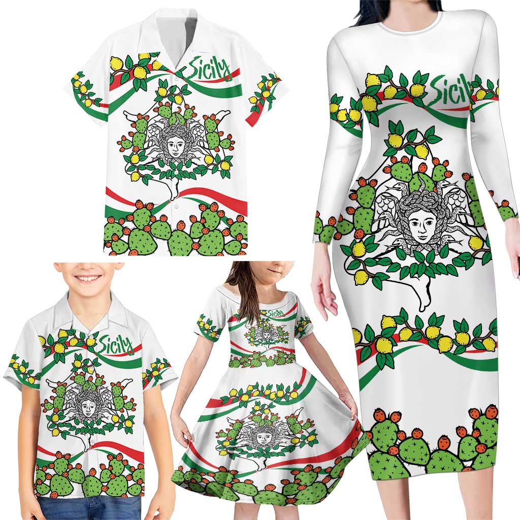 Sicilian Triskelion Family Matching Long Sleeve Bodycon Dress and Hawaiian Shirt with Cactus and Lemons LT9 - Wonder Print Shop