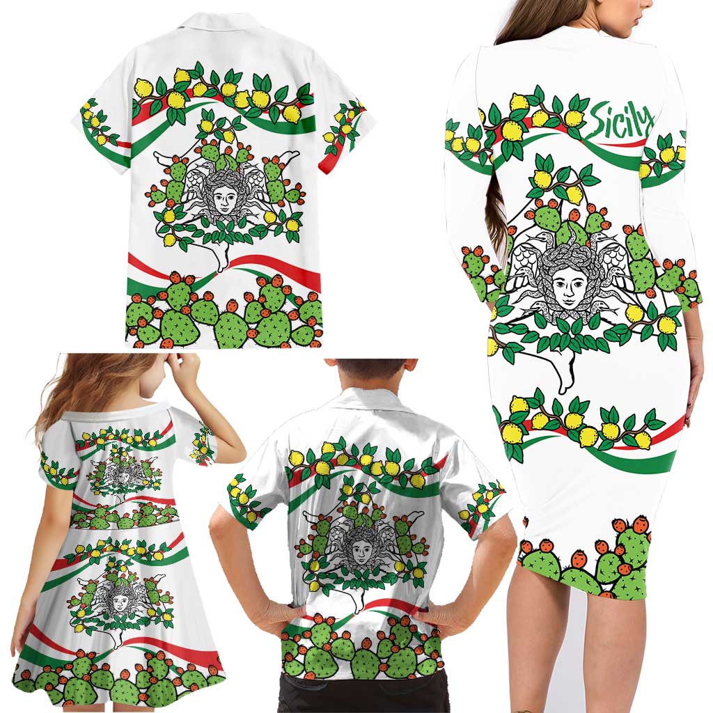 Sicilian Triskelion Family Matching Long Sleeve Bodycon Dress and Hawaiian Shirt with Cactus and Lemons LT9 - Wonder Print Shop